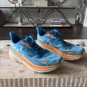 Hoka Clifton 9 Men's‎ 12 Vibrant Blue and Orange Athletic Shoes